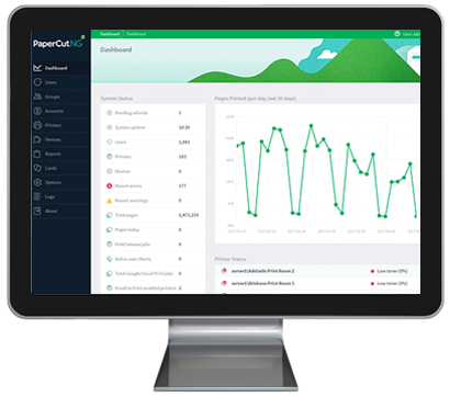 Dashboard Computer Monitor, Papercut MF, Oregon Office Solutions, Oregon, Newport, Bend, Salem, Xerox, HP, MFP, Printer, Copier