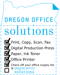 Image of Oregon Office Solutions logo with shopping checklist to promote the Check Your Office Supply List Off At Oregon Solutions promo; buy or rent copier, printer, fax, scan (Mfp) multifunction machine, or digital production press, and buy paper, ink toner and cartridge for sale with Xerox dealer.
