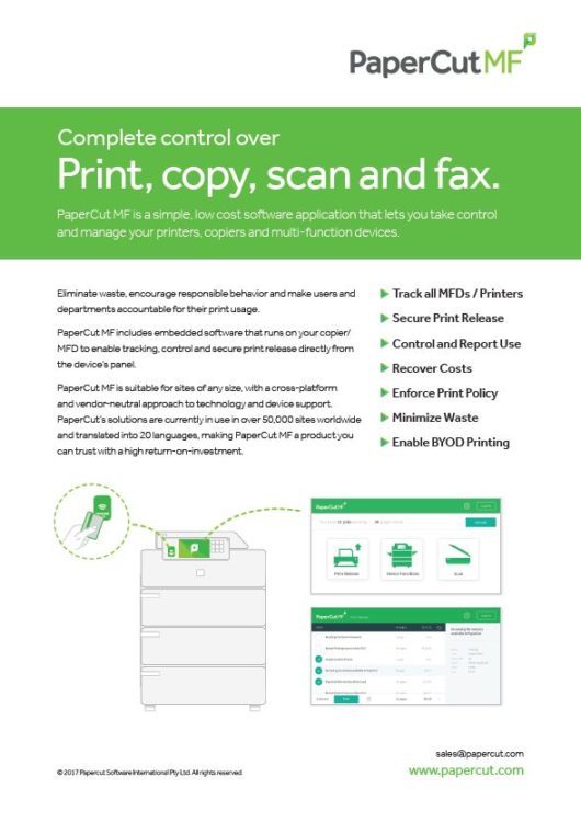 Fact Sheet Cover, Papercut MF, Oregon Office Solutions, Oregon, Newport, Bend, Salem, Xerox, HP, MFP, Printer, Copier