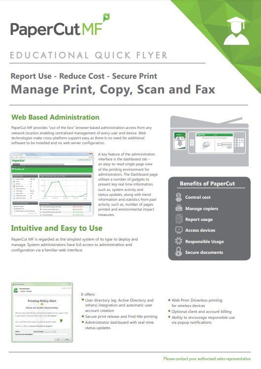 Image presents a picture of Xerox Papercut MF PDF to promote your ability to get Xerox Papercut MF PDF for educational quick flyer manage print, copy, scan, and fax with Oregon Office Solutions.