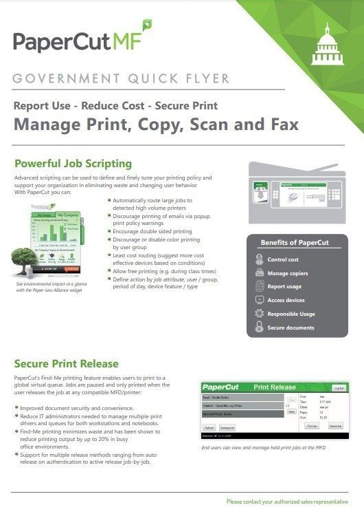 Image presents a picture of Xerox Papercut MF PDF to promote your ability to get Xerox Papercut MF PDF for government quick flyer manage print, copy, scan, and fax with Oregon Office Solutions.