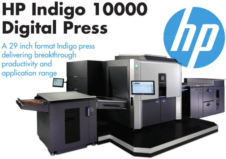 Image presents a picture of the HP Indigo 10000 Digital Press to promote print business' ability to get the HP Hewlett Packard Indigo 10000 B2 Format Digital Press with Oregon Office Solutions. The digital press offers astounding productivity and application range for commercial print house jobs.